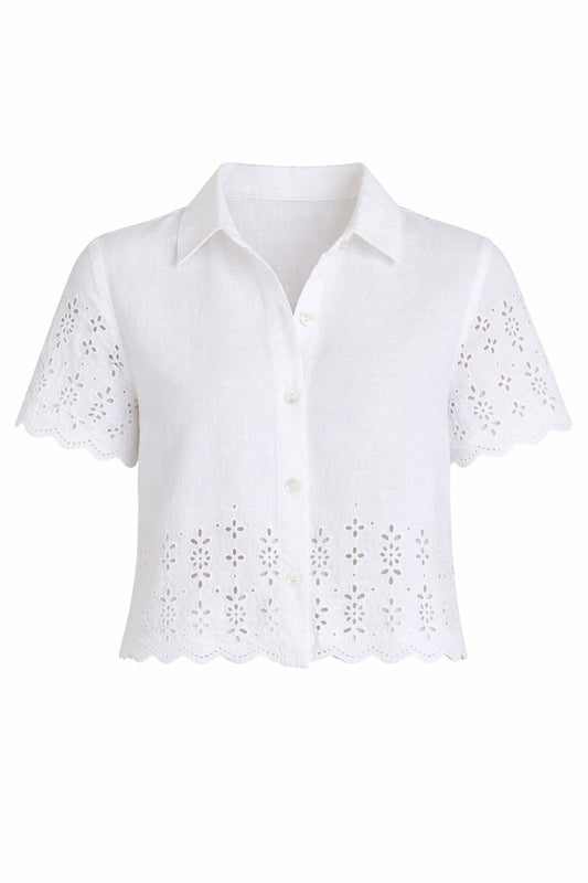 Short Sleeve Embroidered Button Down-Tops/Blouses-Uniquities