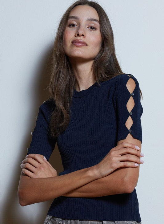 Rib Scallop Open Sleeve Crew-Tops/Blouses-Uniquities