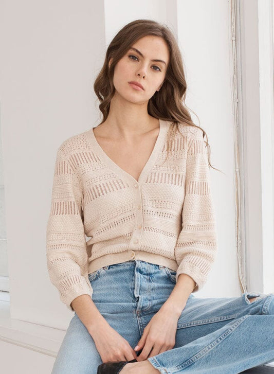 Pointelle 3/4 Puff Sleeve Cardigan-Sweaters-Uniquities
