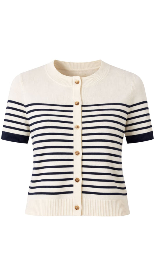 Anne Short Sleeve Stripe Cardigan-Sweaters-Uniquities