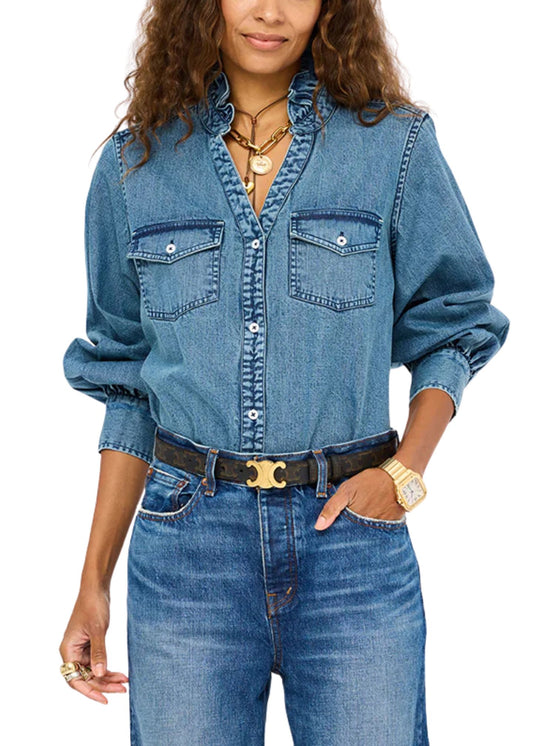 Puff Sleeve Denim Shirt-Tops/Blouses-Uniquities
