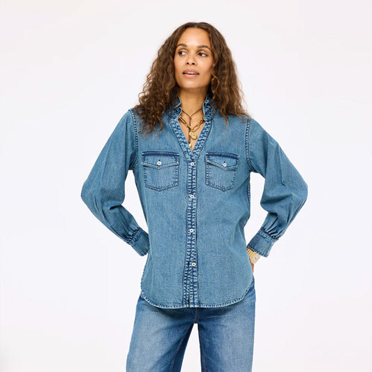 Puff Sleeve Denim Shirt-Tops/Blouses-Uniquities