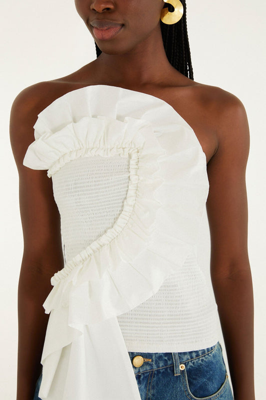 White Smocked Strapless Top-Tops/Blouses-Uniquities