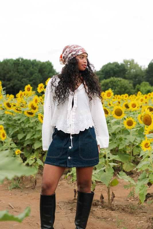Curved Pocket Mini Skirt-Denim-Uniquities