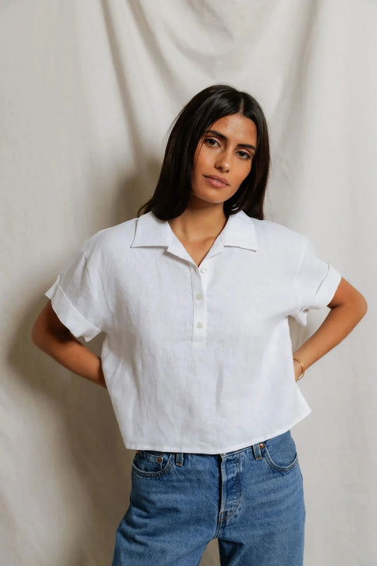 Tabitha Linen Collared Tee-Tops/Blouses-Uniquities