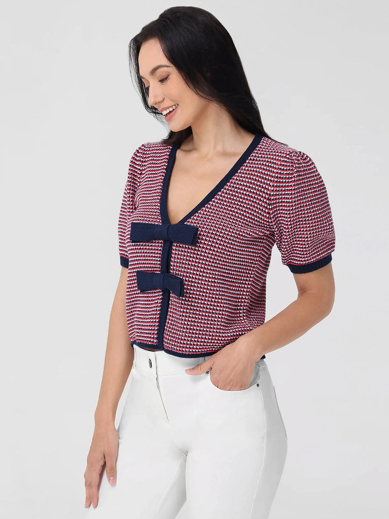 Elaine Puff Sleeve Bow Cardi-Sweaters-Uniquities