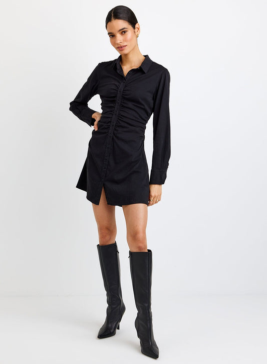 Long Sleeve Shirred Shirt Dress-Dresses-Uniquities