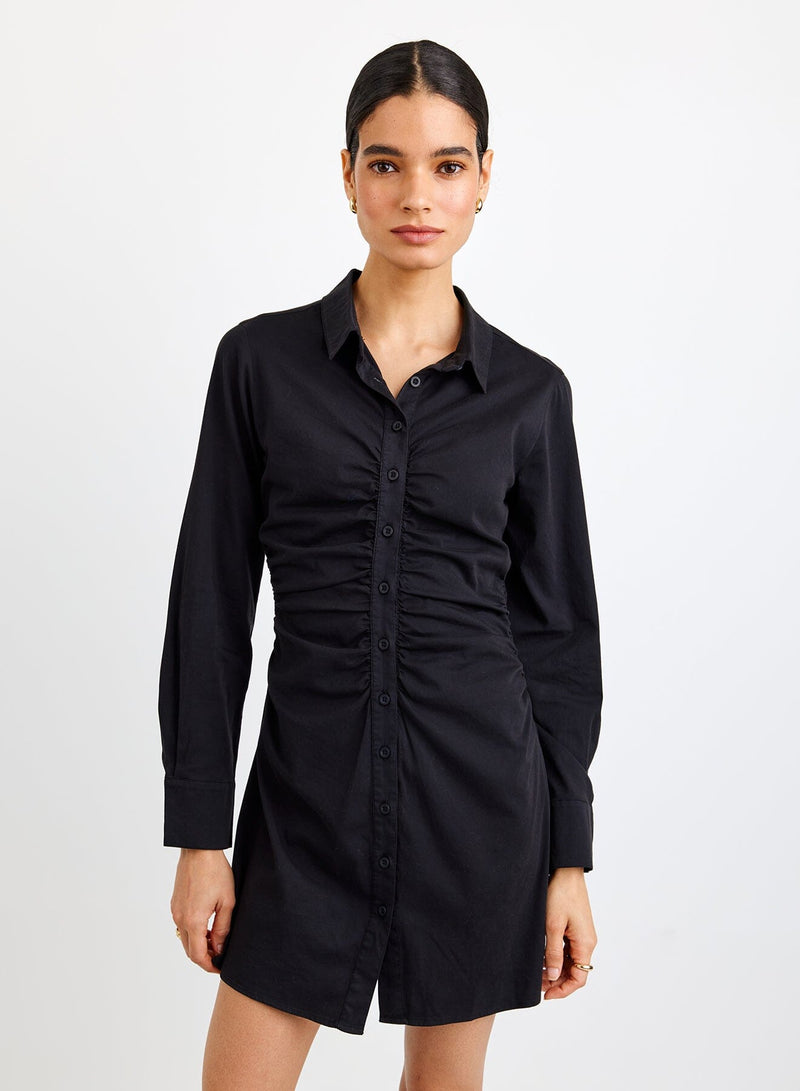 Long Sleeve Shirred Shirt Dress-Dresses-Uniquities