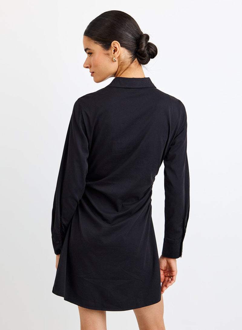 Long Sleeve Shirred Shirt Dress-Dresses-Uniquities