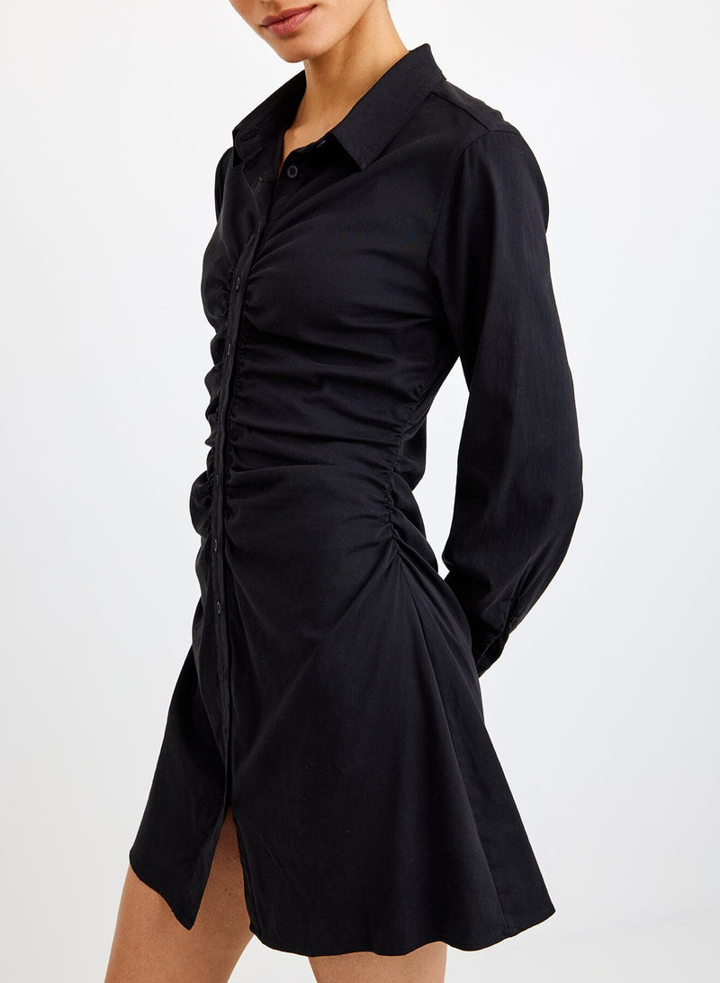Long Sleeve Shirred Shirt Dress-Dresses-Uniquities