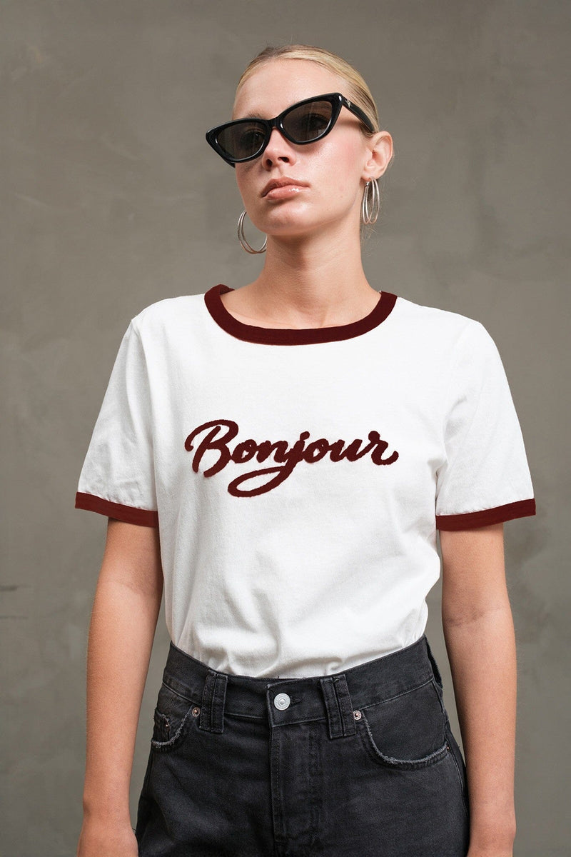 Bonjour Contrast Tee-Tee Shirts-Uniquities
