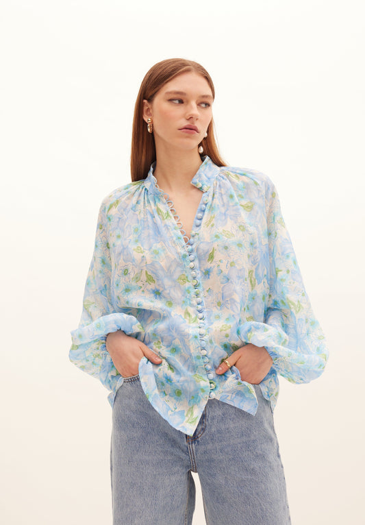 Poinsettia Buttoned Blouse-Tops/Blouses-Uniquities