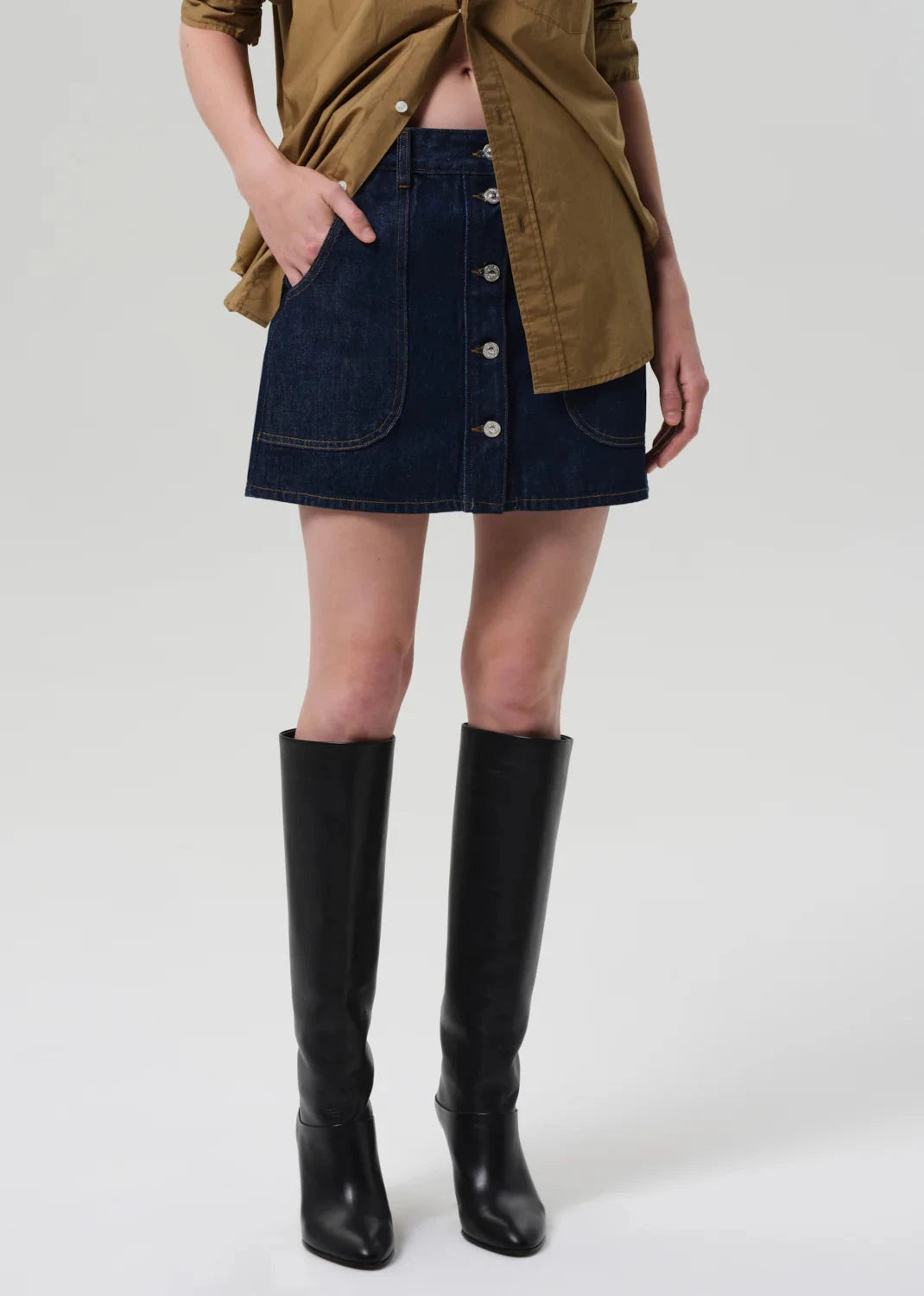 Curved Pocket Mini Skirt-Denim-Uniquities