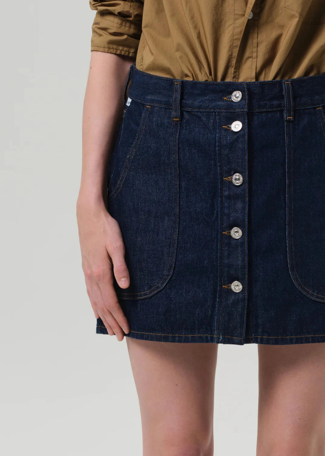Curved Pocket Mini Skirt-Denim-Uniquities
