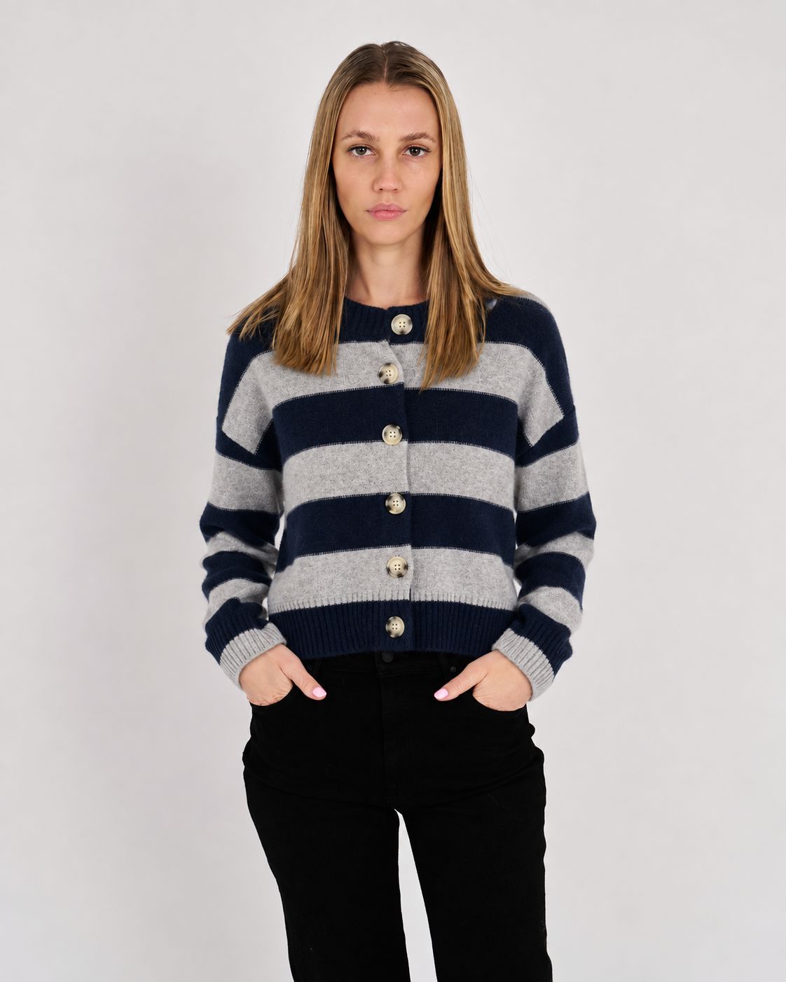 Nina Cashmere Striped Cardigan-Sweaters-Uniquities