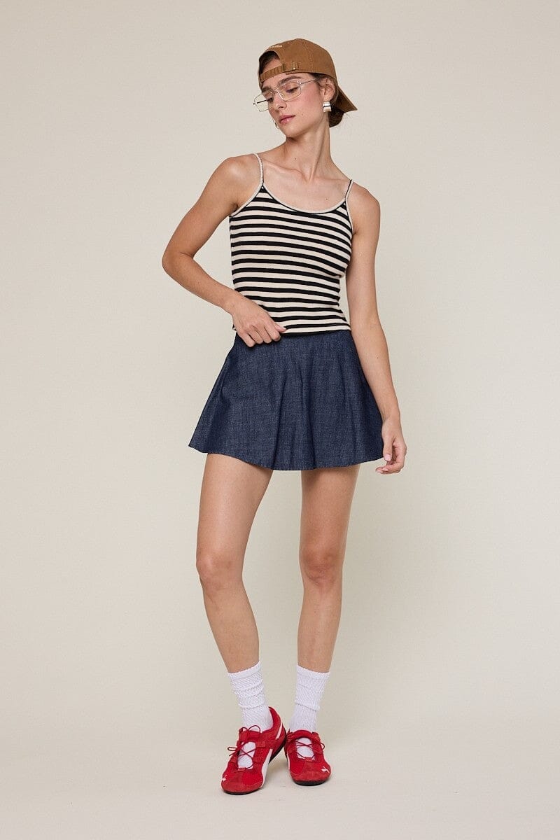 Denim Smocked Waist Mini Skort-Bottoms-Uniquities