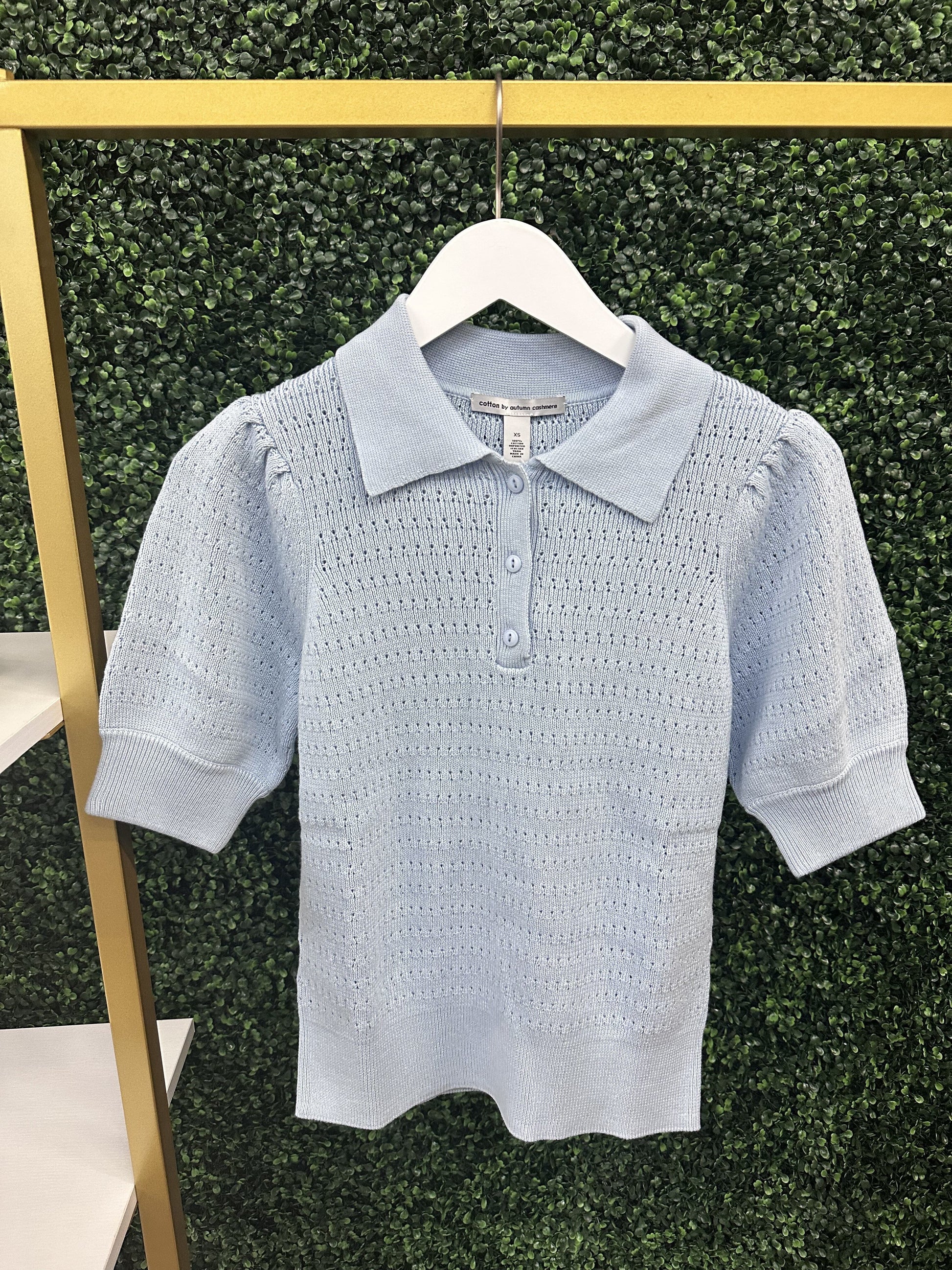 Solid Pointelle Puff Sleeve Polo-Sweaters-Uniquities