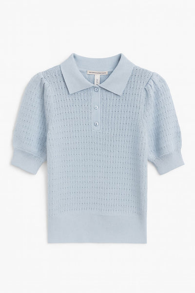 Solid Pointelle Puff Slv Polo-Tops/Blouses-Uniquities