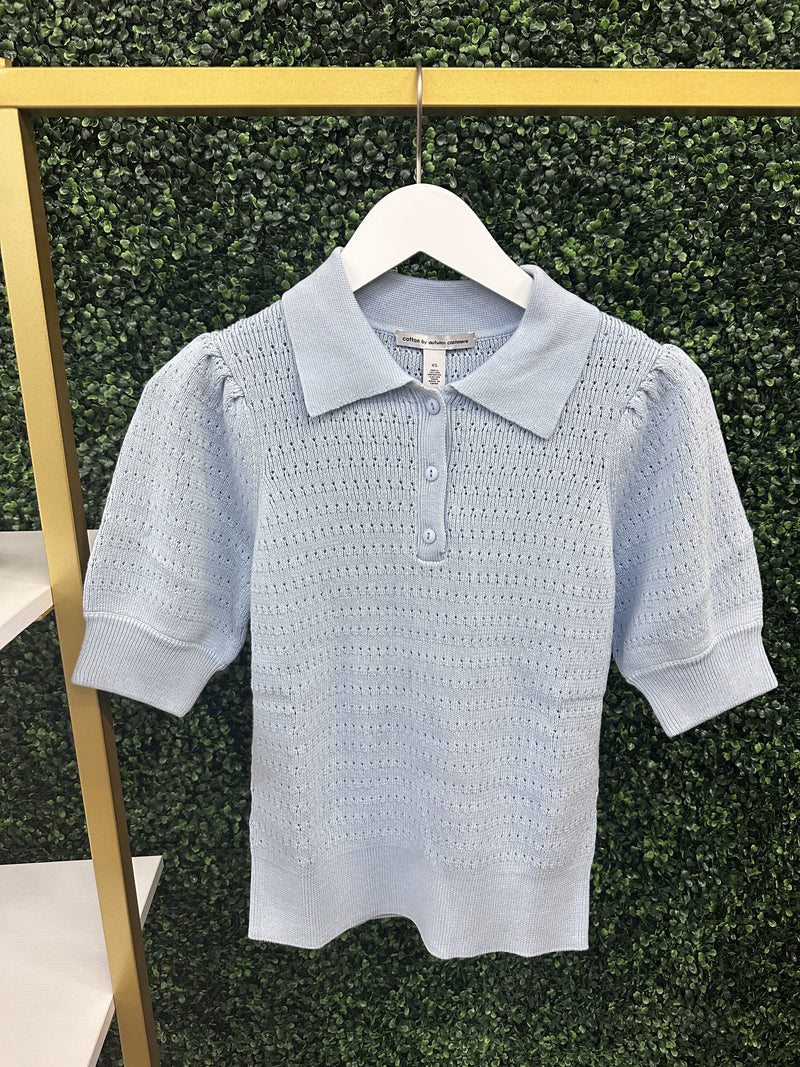 Solid Pointelle Puff Slv Polo-Tops/Blouses-Uniquities