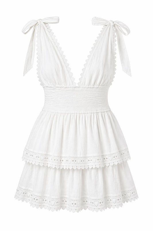 Tiered Eyelet Tie Mini Dress-Dresses-Uniquities