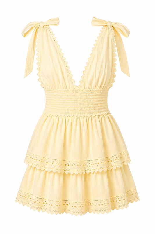 Tiered Eyelet Tie Mini Dress-Dresses-Uniquities