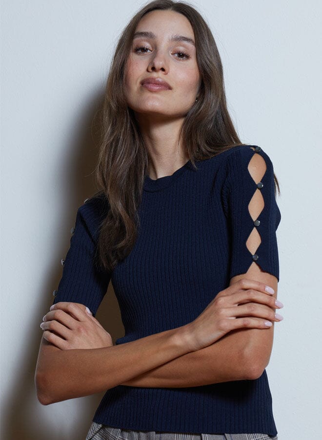 Rib Scallop Open Sleeve Crew-Tops/Blouses-Uniquities
