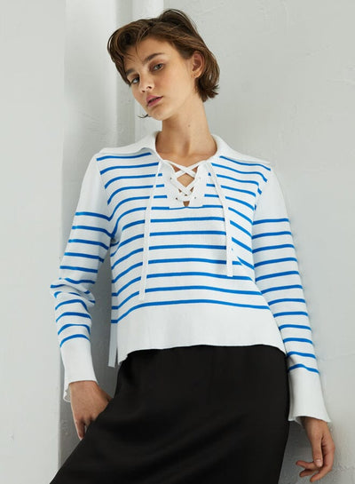 Milano Breton Stripe Lace Up Sweater-Sweaters-Uniquities