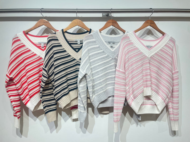 Stripe Mesh V-Sweaters-Uniquities