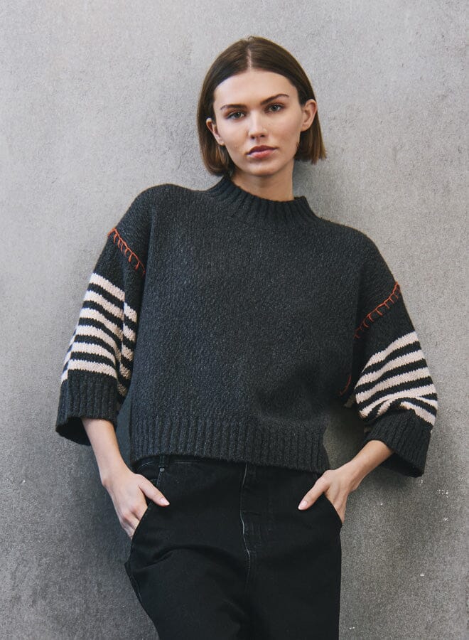 Chunky Crew With Wide Stripe Sleeves-Sweaters-Uniquities