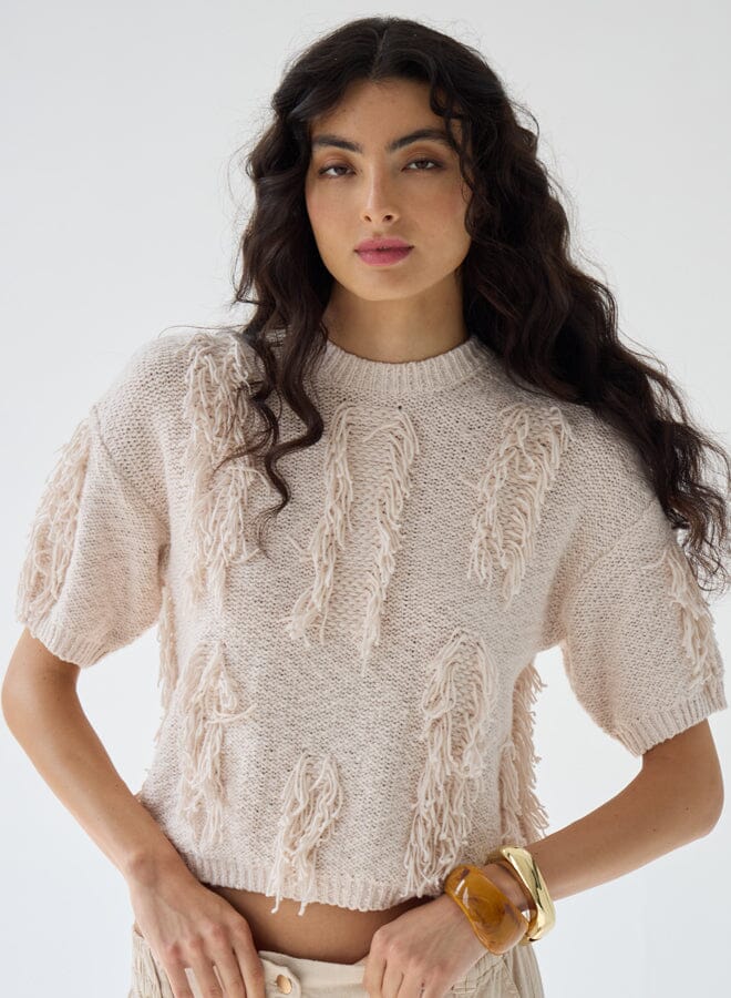 Short Sleeve Fringe Crew-Sweaters-Uniquities