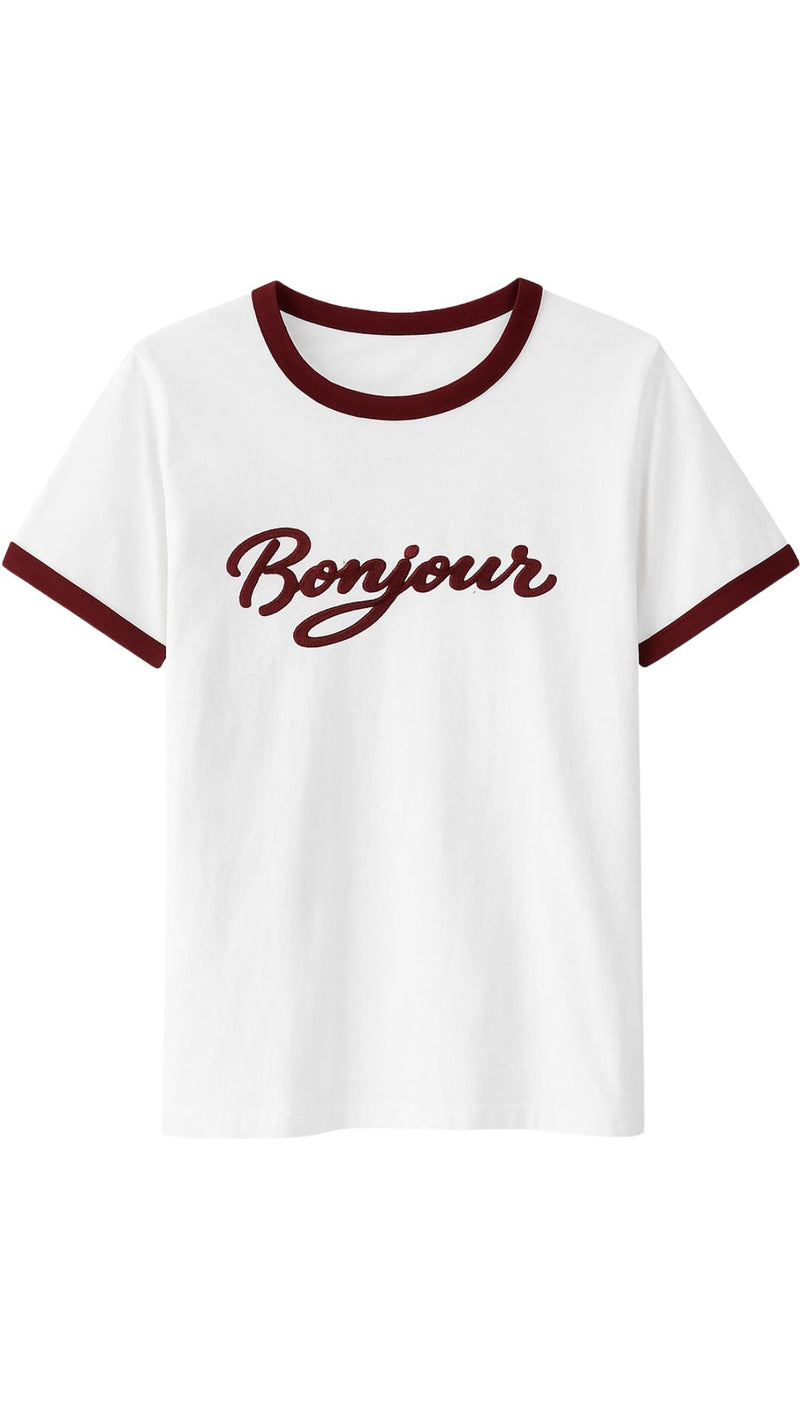 Bonjour Contrast Tee-Tee Shirts-Uniquities