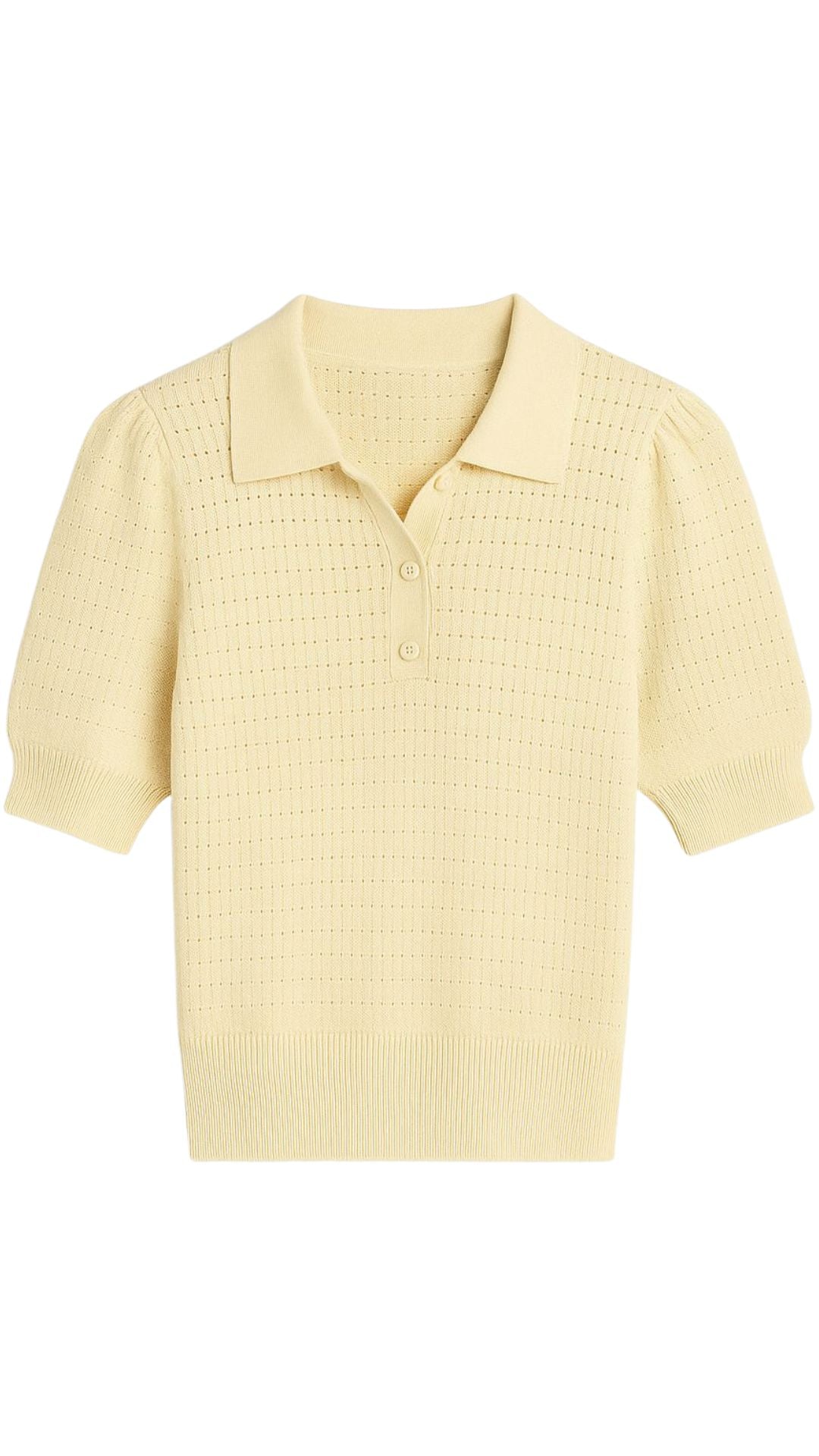 Solid Pointelle Puff Sleeve Polo-Sweaters-Uniquities