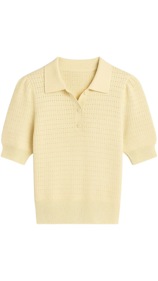 Solid Pointelle Puff Sleeve Polo-Sweaters-Uniquities