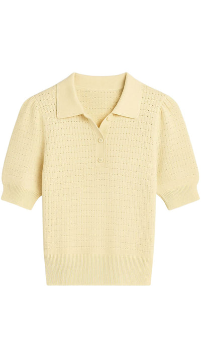 Solid Pointelle Puff Sleeve Polo-Sweaters-Uniquities