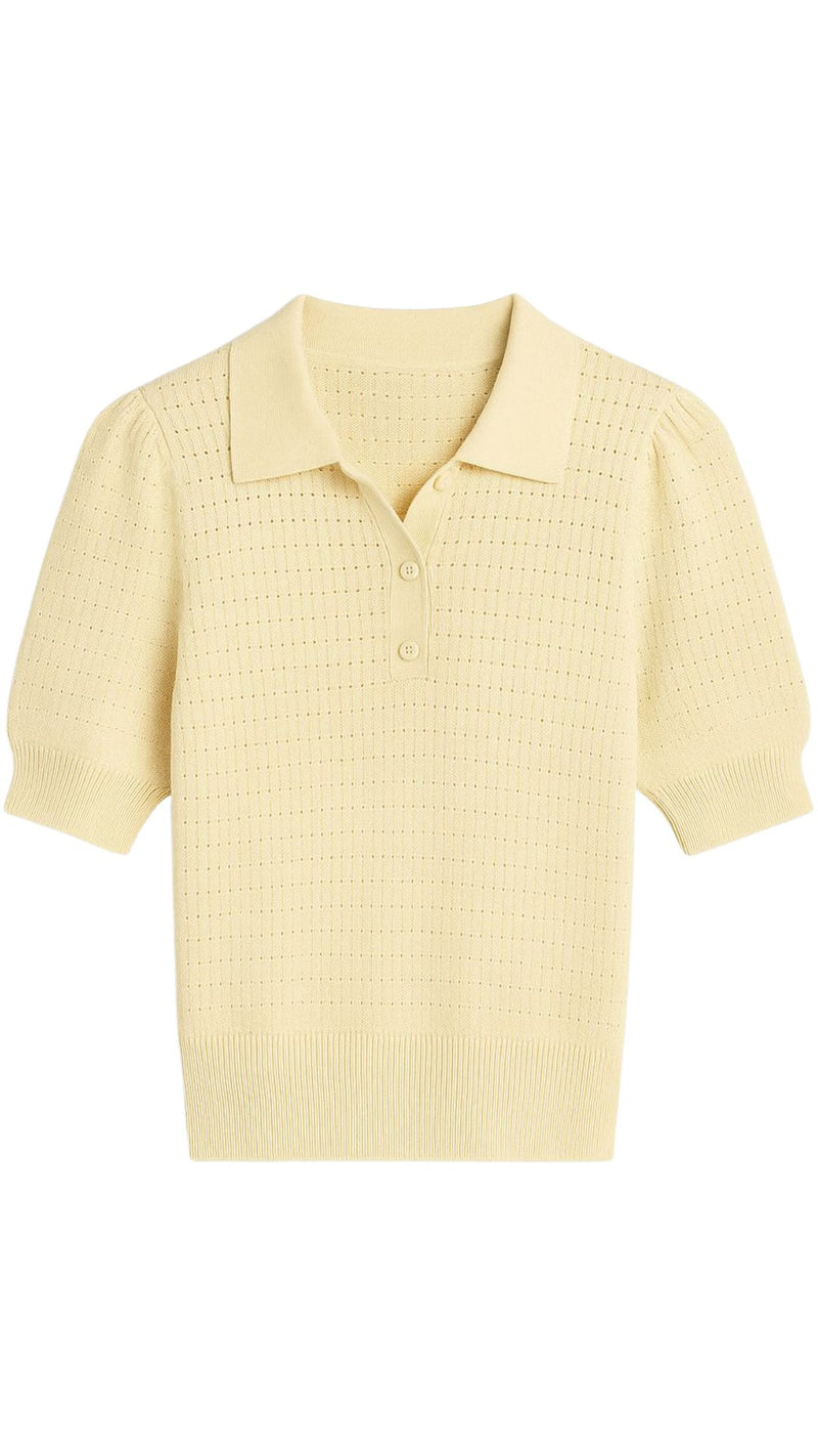 Solid Pointelle Puff Sleeve Polo-Sweaters-Uniquities