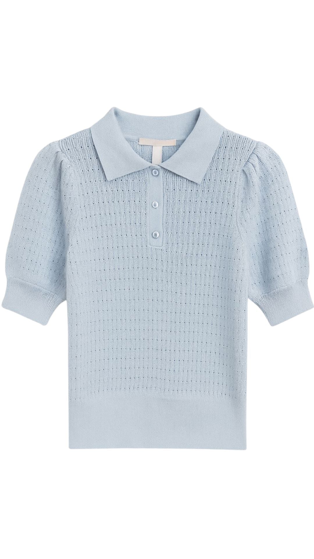 Solid Pointelle Puff Sleeve Polo-Sweaters-Uniquities