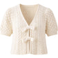 Elaine Pointelle Bow Cardigan-Sweaters-Uniquities