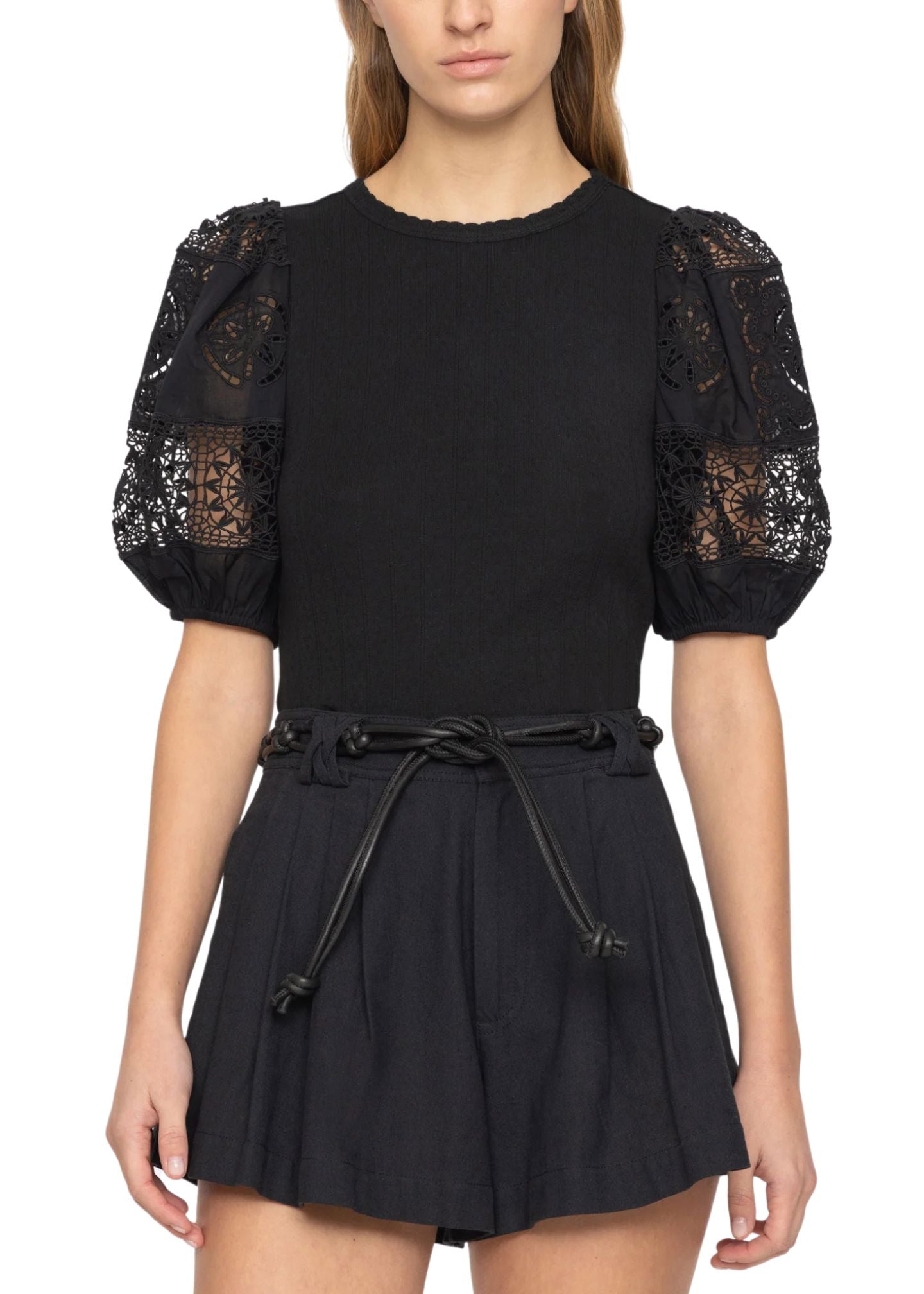 Dahlia Eyelet Combo Sleeve Tee-Tops/Blouses-Uniquities