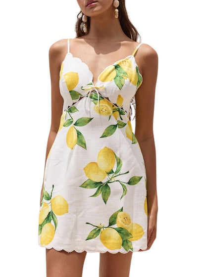 Lemon Print Scallop Mini Dress-Dresses-Uniquities