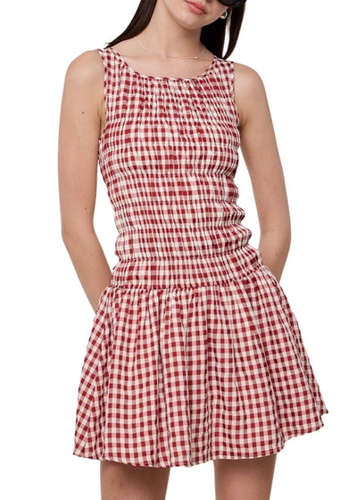 Gingham Tiered Mini Dress-Dresses-Uniquities