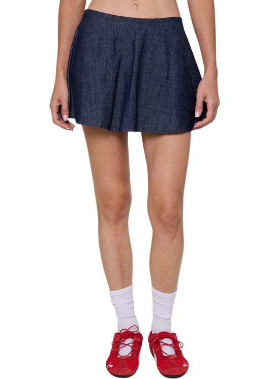 Denim Smocked Waist Mini Skort-Bottoms-Uniquities