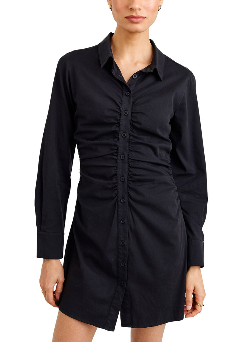 Long Sleeve Shirred Shirt Dress-Dresses-Uniquities
