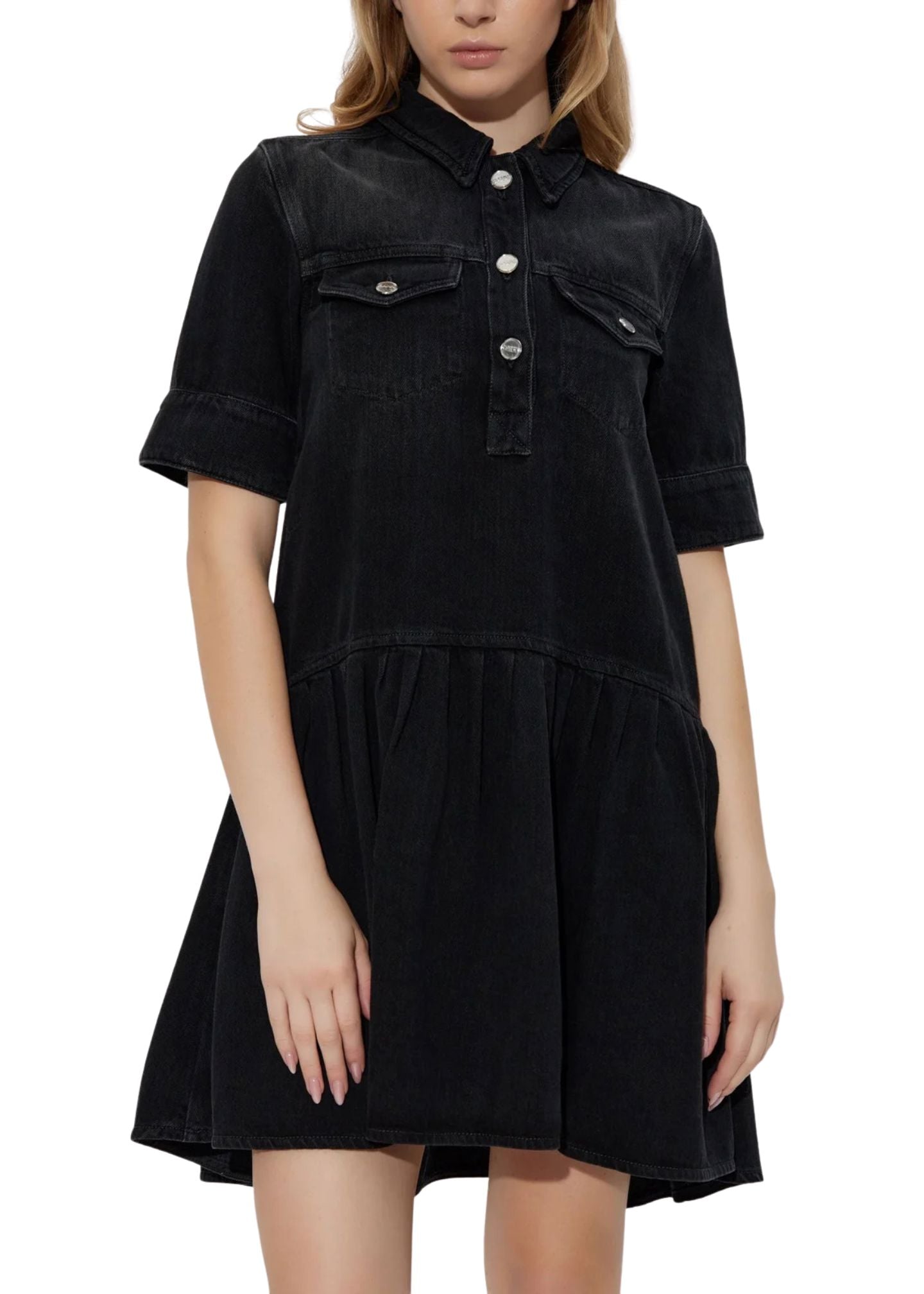 Soft Rigid Denim Mini Dress-Dresses-Uniquities