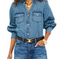 Puff Sleeve Denim Shirt-Tops/Blouses-Uniquities