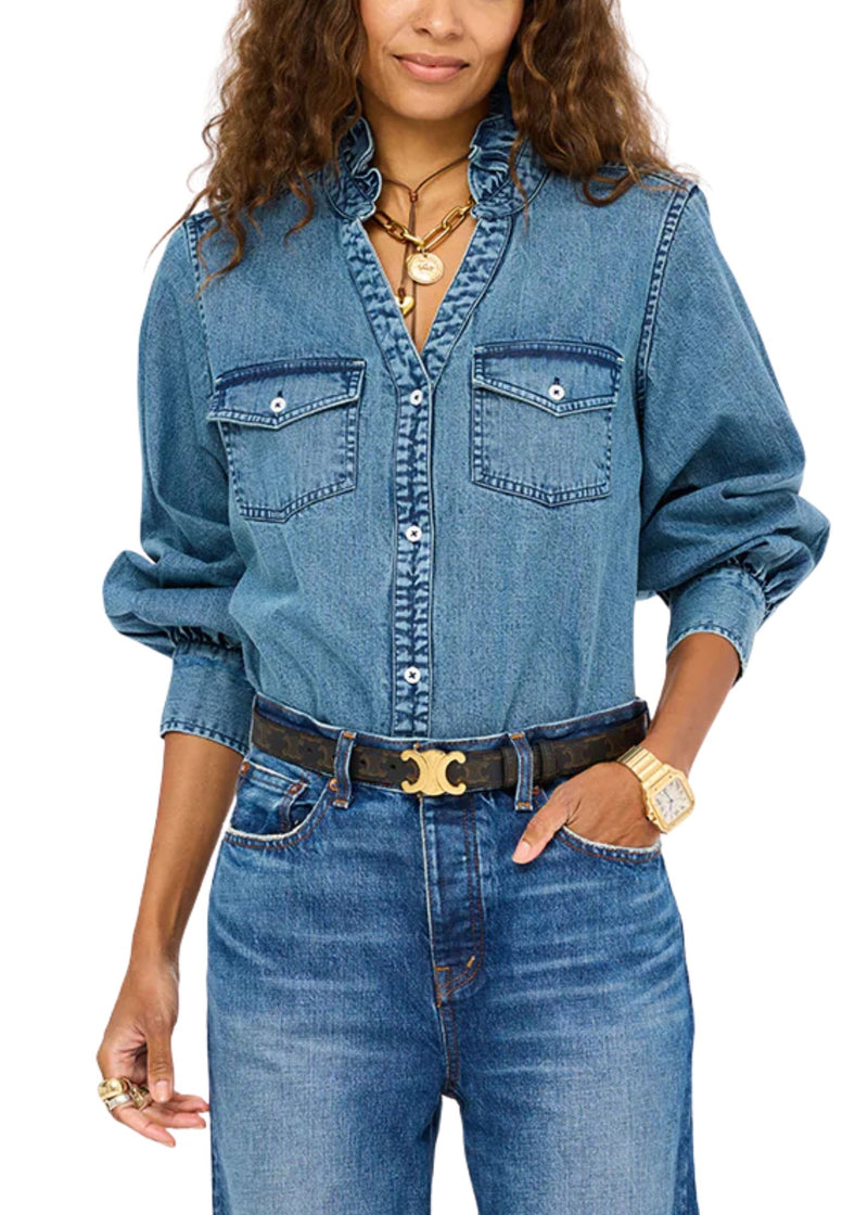 Puff Sleeve Denim Shirt-Tops/Blouses-Uniquities