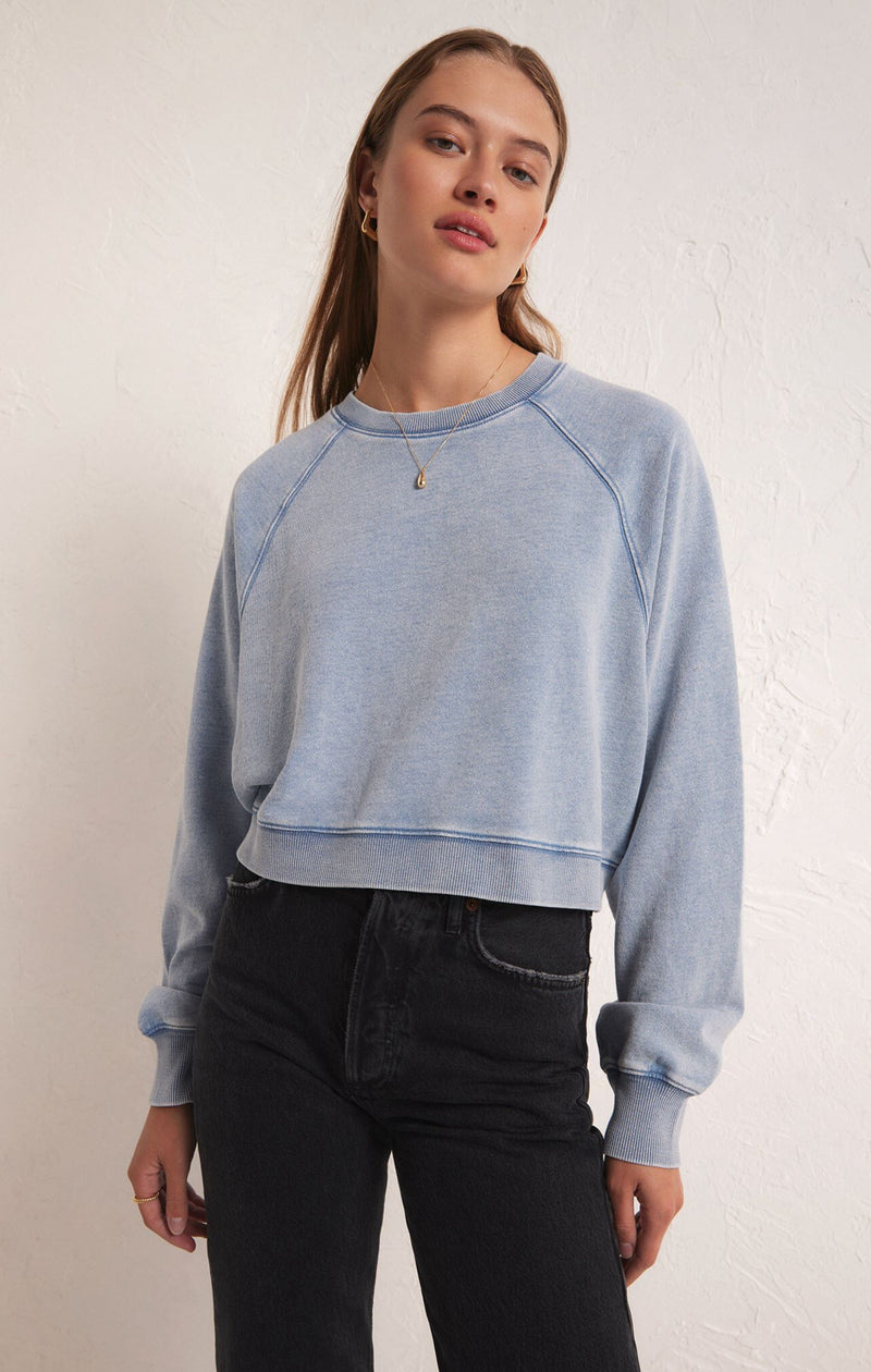 Crop Out Knit Denim Sweatshirt-Tops/Blouses-Uniquities