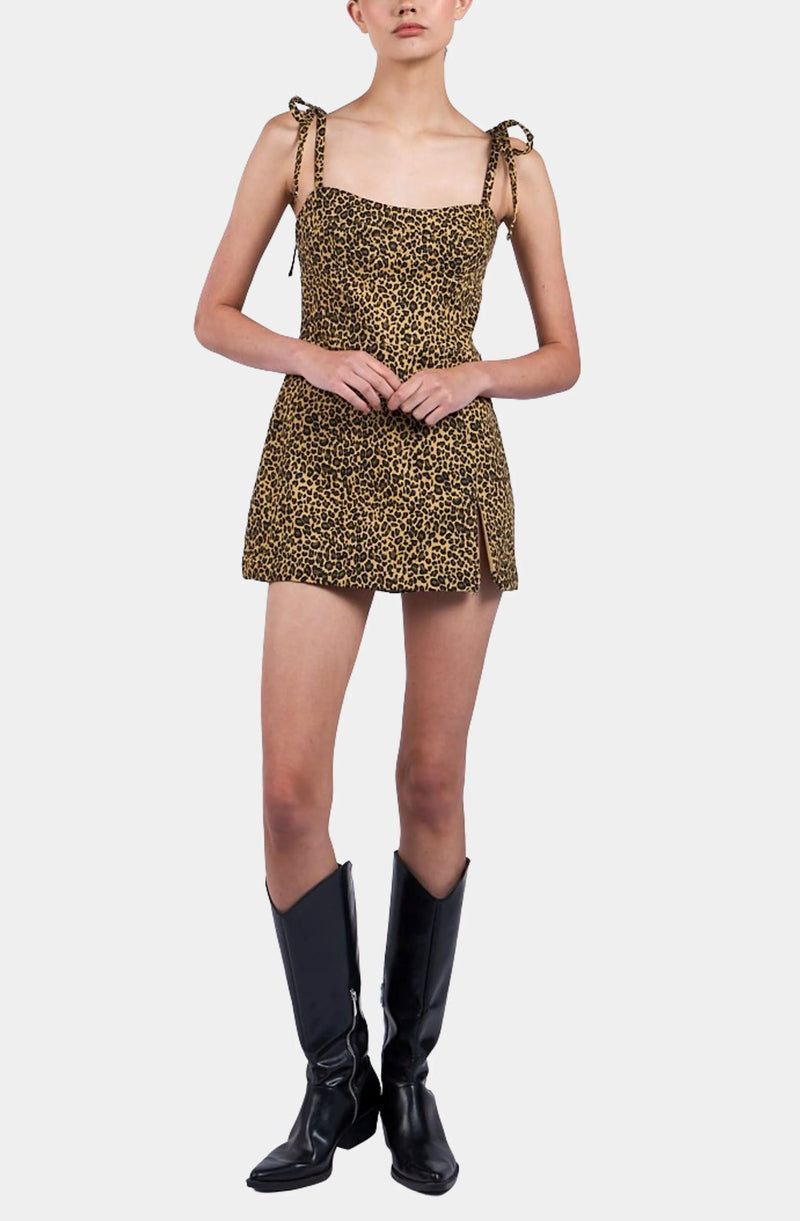 Denim Tie Strap Leopard Dress-Dresses-Uniquities