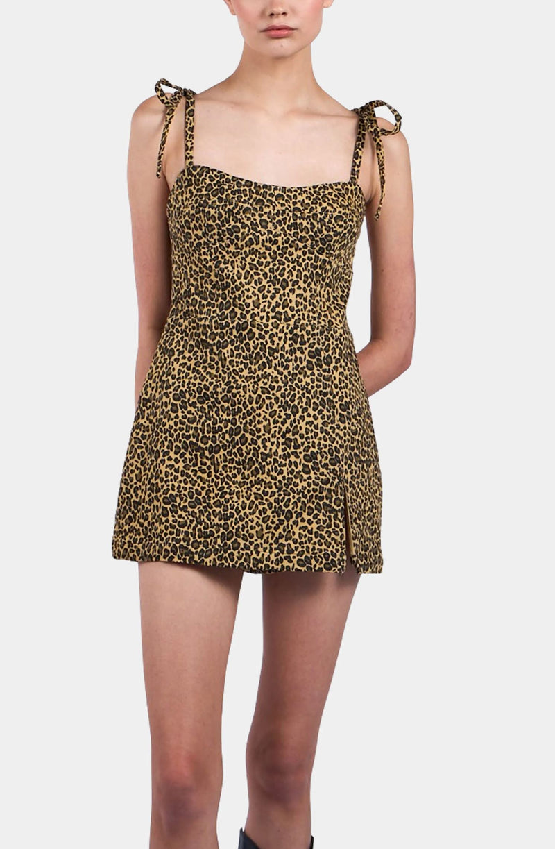 Denim Tie Strap Leopard Dress-Dresses-Uniquities