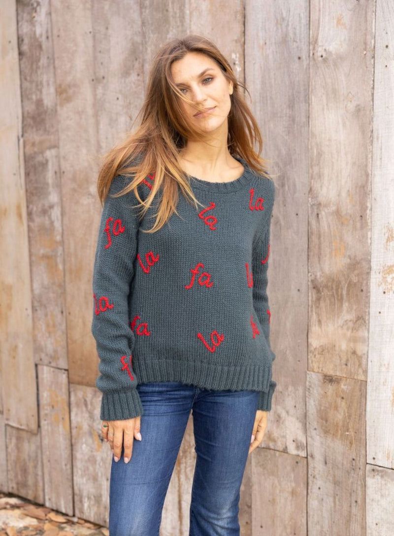 Fa La La Embroidered Crew-Sweaters-Uniquities