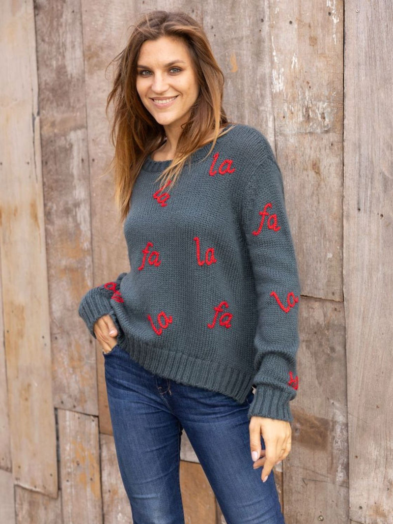 Fa La La Embroidered Crew-Sweaters-Uniquities